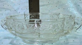 Vintage Jeannette Clear Embossed Pressed Glass Floral Dish Bowl with Two Handles - £17.22 GBP