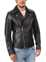 New Men&#39;s Genuine Lambskin Leather Jacket Black Slim Fit Motorcycle Jacket MJ026 - £93.58 GBP