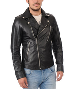 New Men&#39;s Genuine Lambskin Leather Jacket Black Slim Fit Motorcycle Jack... - £92.01 GBP