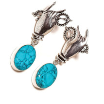 Turquoise Oval Gemstone 925 Silver Overlay Handmade Hand Design Dangle Earrings - £11.98 GBP