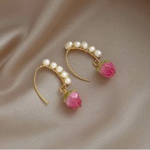 Charming Crystal pink Strawberry Earrings with Pearl Accent 3D Fruit Des... - $10.69