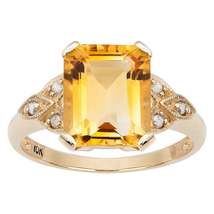 10k Yellow Gold Vintage Style Genuine Emerald-cut Citrine and Diamond Ring - £175.44 GBP