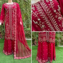 Pakistani Red Straight Style Embroidered Sequins Chiffon Sharara Dress,S - £108.40 GBP