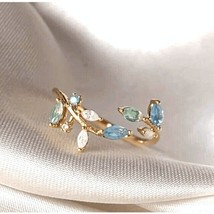 Wicked Silk Adjustable Floral Flower Crystal Rings-Blue &amp; Green Leaves - £9.58 GBP