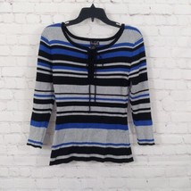 Questions Say What Sweater Women Medium Blue Gray Striped 3/4 Sleeve Lac... - $24.96