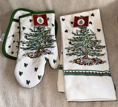 NEW Spode Christmas Tree 3 Kitchen Towels, 1 Oven Mitt &amp; 1 Potholder Hol... - £38.31 GBP