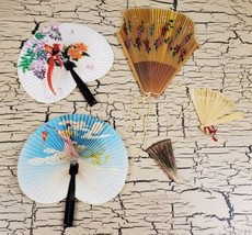 5 Vtg Asian Ladies Folding Hand Fans Lot Far East Paper Plastic Chinese ... - $27.08