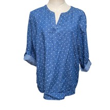 Chico’s Summer Polka Dots Blue Chambray 3/4-Sleeve Split Neck Pullover T... - £20.77 GBP