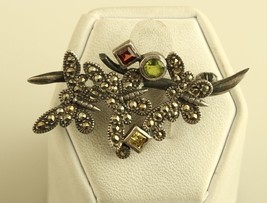 vtg silver 925 marcasite 3 butterfly brooch pin with ruby, peridot and citrine - £43.52 GBP