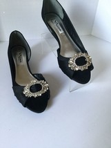 Nina Rivka Black Satin &amp; Leather  Peep Toe Low Wedge w/Crystal Detail (S... - £23.85 GBP