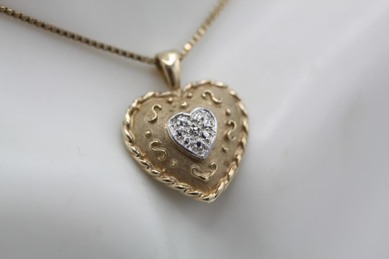 10K Two Tone Gold Matte Finish White Gold Accent Heart Pendant Charm 2.5 gr Item image 2