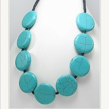 Turquoise Discs Necklace Brown Cotton Cord - $16.83