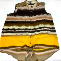 Roz &amp; Ali Sleeveless Blouse Size 1X Yellow Brown White Stripes Halter Tie Front - £11.22 GBP