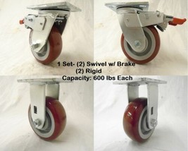 5&quot; x 2&quot; Swivel Caster Total Lock Brk Burgundy Polyurethane Wh &amp; Rigid To... - £53.89 GBP