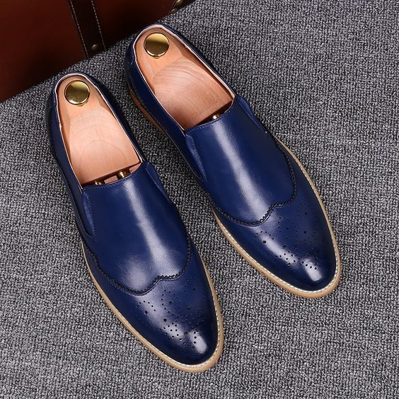 Handmade Men Wing tip Blue Leather Moccasins, Men Blue Loafer Slip Ons Shoes 201