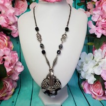 Vintage Black Fossil Coral Pendant Silver Tone Chain Link Necklace - £22.77 GBP