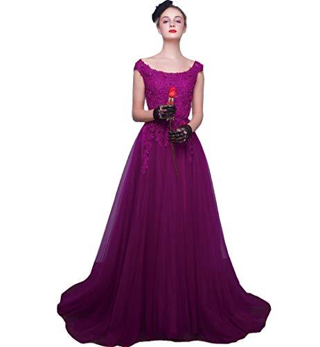 Scoop Neck Beaded Lace Appliques Long Tulle Prom Dress Evening Gown Purple US 2