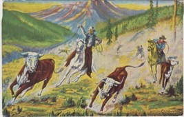 Dude Larsen Gathering Wild Cattle 1939 Postcard Old Vintage Cowboys Horses - £2.38 GBP