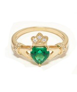 1.35Ct Heart Simulated Emerald &amp; Diamond Claddagh Promise Ring 14k Gold ... - £51.45 GBP