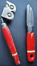 2  EKCO Stainless steal VTG knife sharpaner and Apple Peeler Red Handle Stripe - $24.99