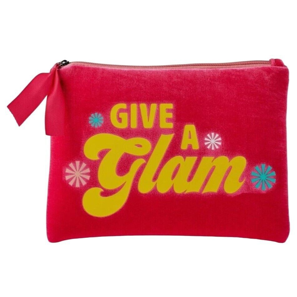 Benefit Cosmetics Give a Glam Makeup Bag Hot Pink Velvet Yellow Flowers ZIpper - $4.25