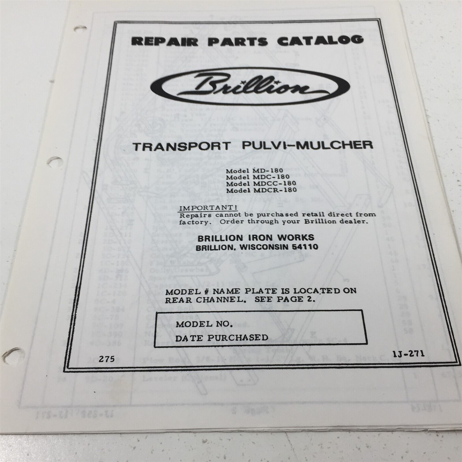 Brillion MD180 MDC180 MDCC180 Transport PulviMulcher Part Catalog