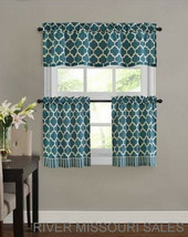 Fretwork Window Valance &amp; Tier Set, Teal,  3 Pieces, Modern Size: 58&quot; x 24&quot; -NEW - £15.81 GBP