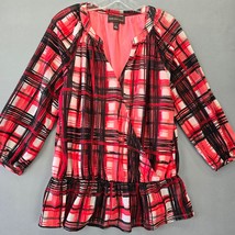 Dana Buchman Pink Rose Shirt Plaid 3/4 Sleeves V-Neck Layering Top Womens Size L - £8.35 GBP