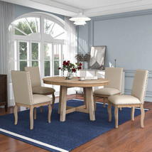 5-Piece Farmhouse Dining Table Set Wood Round Extendable - Natural - $730.55
