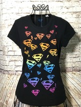 Jerry Leigh Women&#39;s Superman Logo Black Cap Sleeve T-Shirt Size L Junior - $14.99