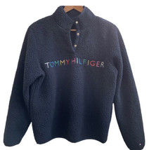 Tommy Hilfiger Sherpa Sweatshirt Women&#39;s M Rainbow Logo Navy Blue Pullover - £16.45 GBP