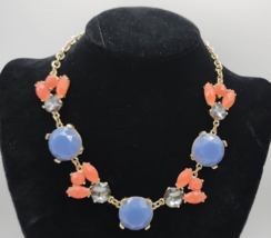 Coral &amp; Blue Acrylic Faceted &amp; Black Rhinestone Gold Toned Statement Nec... - £11.39 GBP