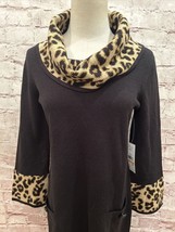 Jessica H Black Sweater Dress Leopard Cowl Neck/Cuffs 3/4 Sleeve NEW SMALL - £44.34 GBP