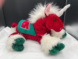 2001 Commonwealth Red Green Plush Unicorn with Saddle Christmas Holiday Unicorn - $48.38