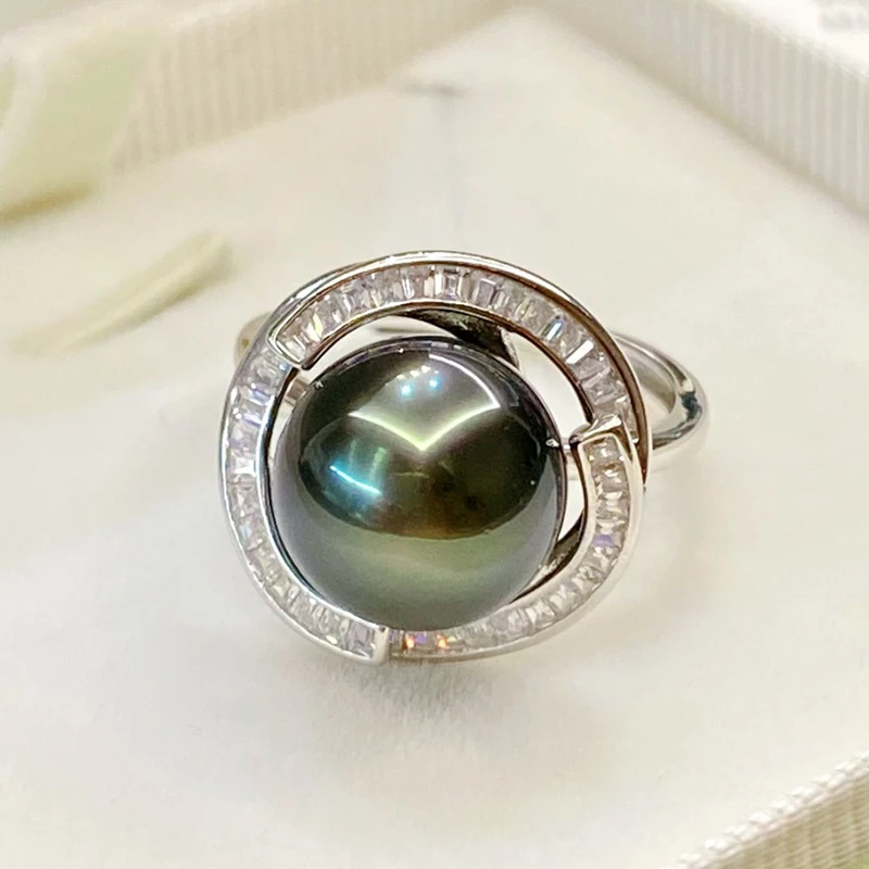 Vintage Real Tahitian Black Pearl Ring Simple 925 Silver Open Ring with 11-12mm - £128.80 GBP
