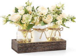 Farmhouse Coffee Table Decor Wood Tray With 3 Jars Flowers Fall Table, White. - £32.18 GBP