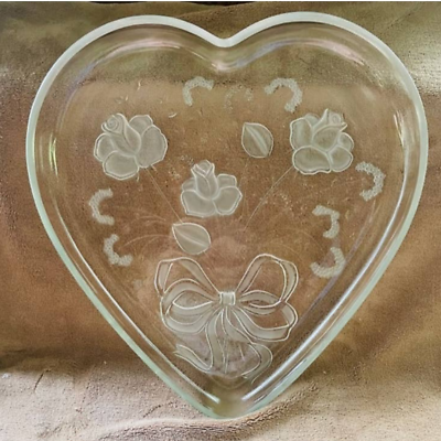 Vintage Mikasa Frosted Etched Crystal Roses/Ribbons Heart Shaped Serving Plate - $14.85