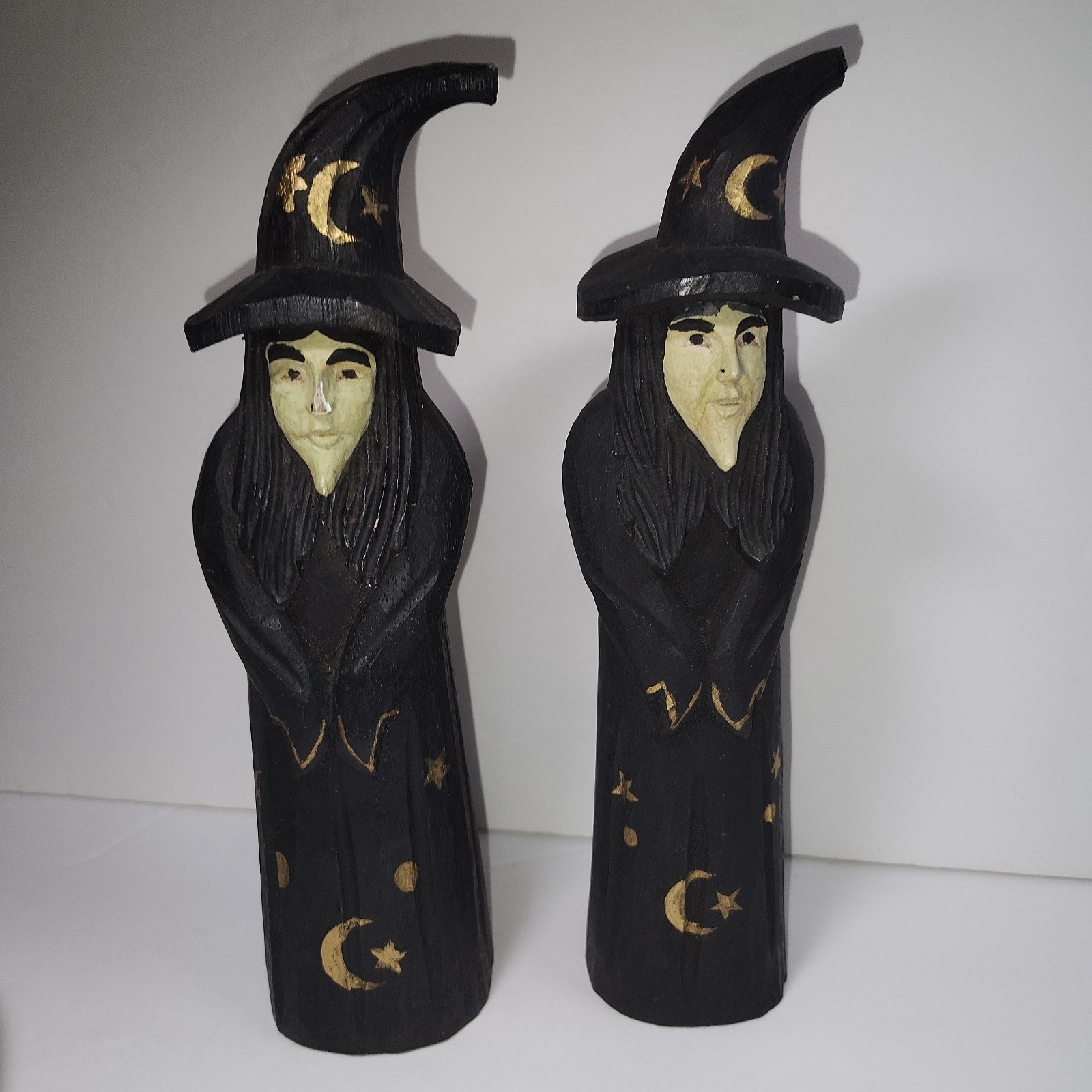 James Haddon Hand Carved Wood Witches Pair Signed Folk Art Halloween Decor 10” Item image 11