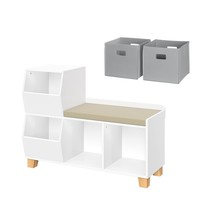 Kids Catch-All Multi-Cubby Storage Bench With 2Pc, White With 2 Gray Bins - $186.99