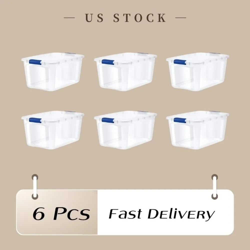 56 Quart Clear Plastic Blue Latches Clear Lid Tote Set of 6 - £96.95 GBP