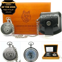 Pocket Watch Set Brass 53 MM Wolf Design with Leather Pouch Wood Box &amp; Chain C83 - £90.45 GBP