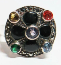 Sterling Silver Ladies Ring with Orange Yellow Green Blue Black Stones Size 7.75 - £18.79 GBP
