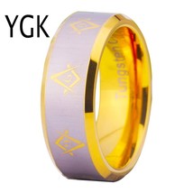 Tungsten Ring JEWELRY Hot Sales 8MM Gold Color Bevel Freemason Masonic Men&#39;s Com - £30.83 GBP