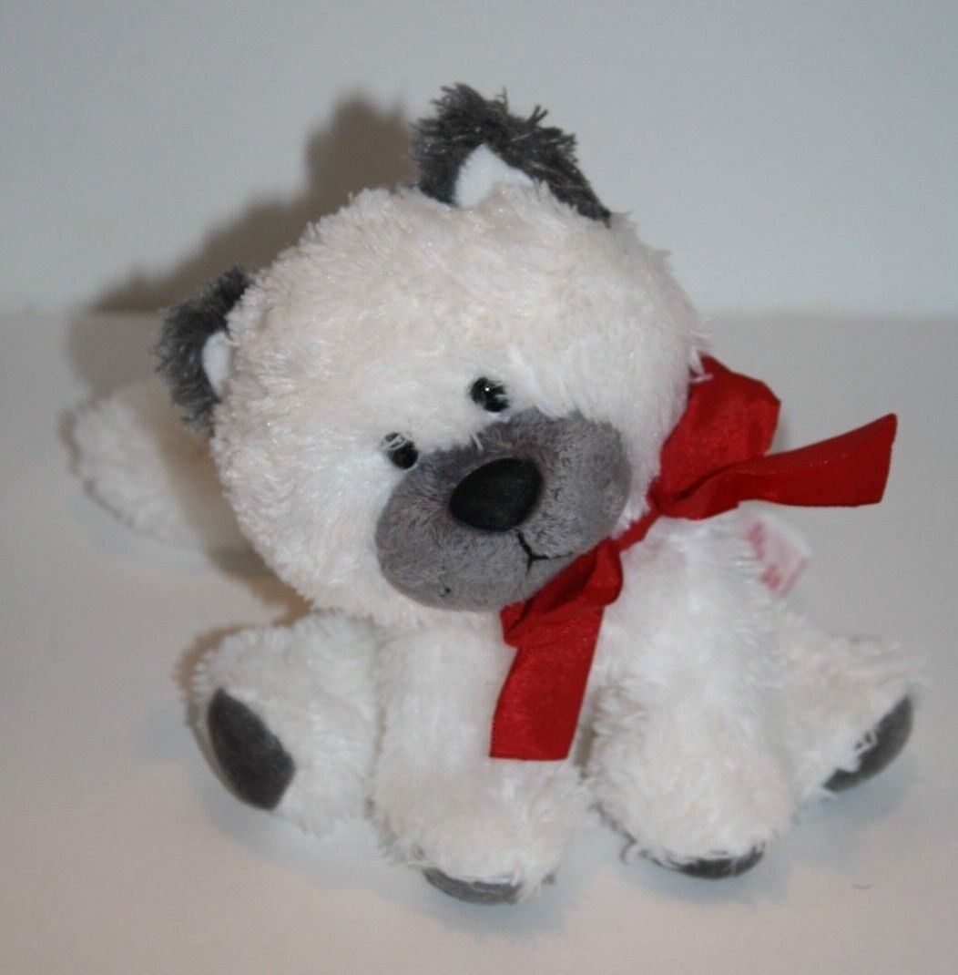 Russ White Gray Plush Kitty Cat 7&quot; Red Neck Bow Stuffed Soft Toy Beanbag... - $12.60