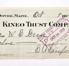 1915 Kineo Trust Company Bank Check E.A. Sampson Dover Maine Signed 7039... - $19.99