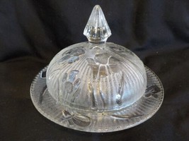 Nice Vintage Jeannette Iris and Herringbone Clear Round Butter Dish With... - $22.99