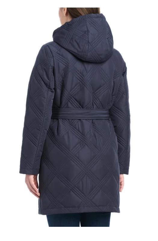 Jones New York Womens Jacket Navy Blue Quilt Hood Tie Belt Pockets Heavyweight Item image 6