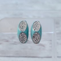 Vintage Clip On Earrings Turquoise Tone &amp; Clear Gem Unusual - Missing Gems - $12.99