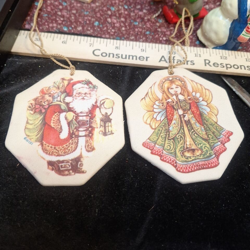 2 Vintage Avon Christmas Tree Two-Sided Scenes Fabric Ornaments - $9.69