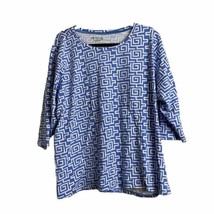 Fresh Womens Top Plus Size 3X Blue White Geometric Pattern Short Sleeve - £13.97 GBP